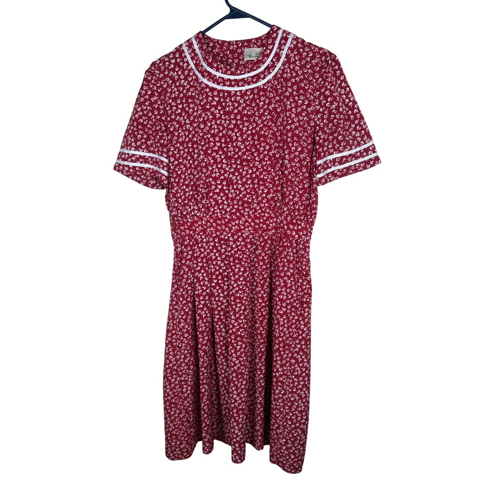 Kathie Lee Vintage Red Floral Ditsy Midi Dress Short Sleeve Pockets Size 8